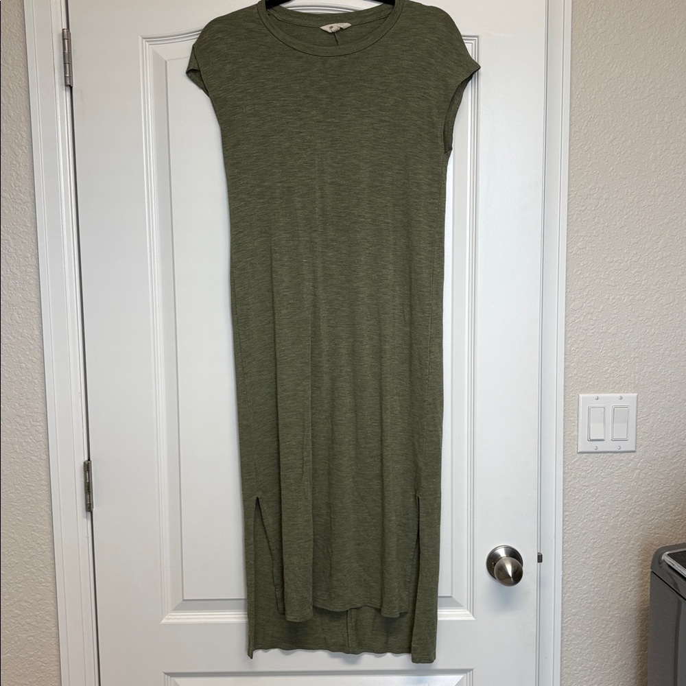 MADEWELL Pine Heather Green Muscle Midi Dress Side Slit Soft Stretch Jersey Sz S
